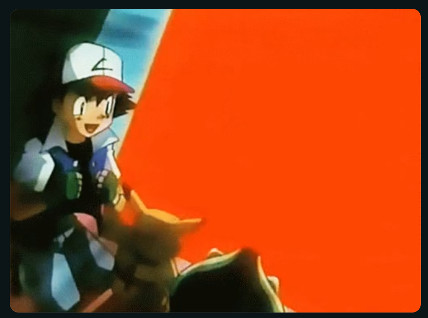 A young boy wearing a cap, a blue jacket, and gloves is excitedly looking at a small yellow creature with long ears in front of him. They are both facing a large red background.